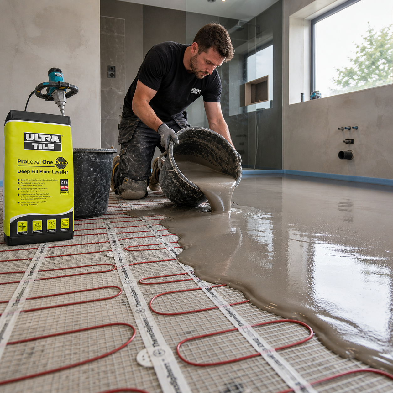 UltraTile ProLevel One Deep Fill Floor Leveller being poured over electric underfloor heating cables in a bathroom.