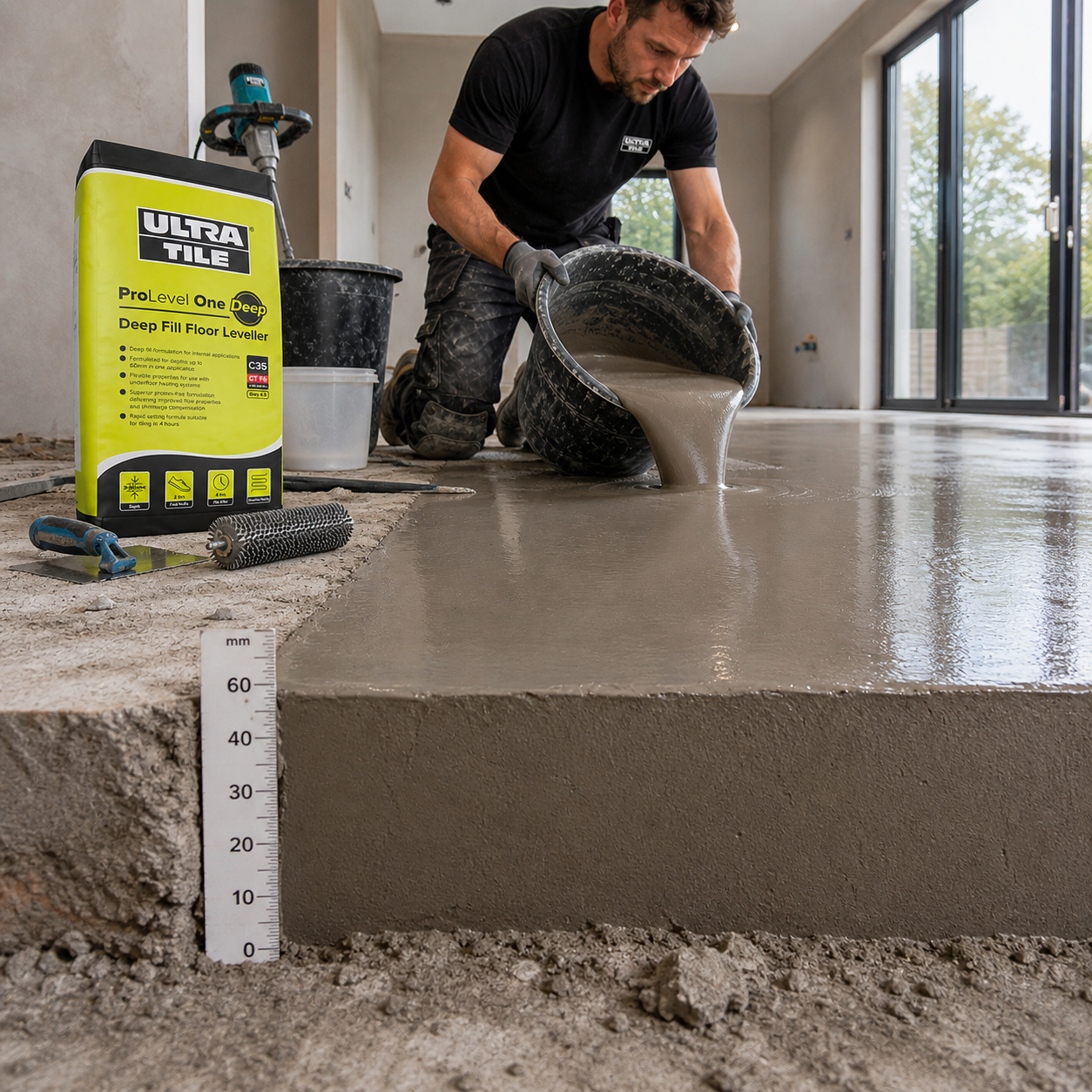 UltraTile ProLevel One Deep Fill Floor Leveller applied up to 60mm deep to level an uneven concrete subfloor.