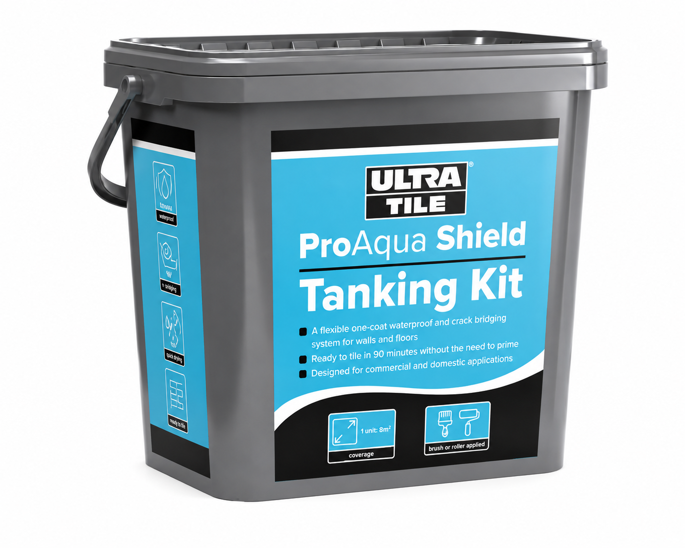 A gray plastic bucket of Ultra Tile ProAqua Shield Tanking Kit with a black handle and a blue and black label, shown on a plain white background.