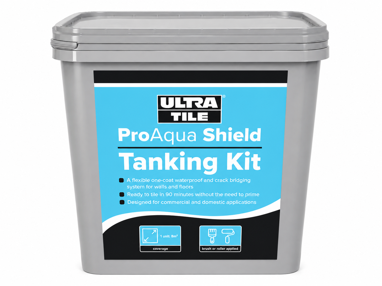 A gray plastic bucket of Ultra Tile ProAqua Shield Tanking Kit with a blue and black label, shown on a plain white background.
