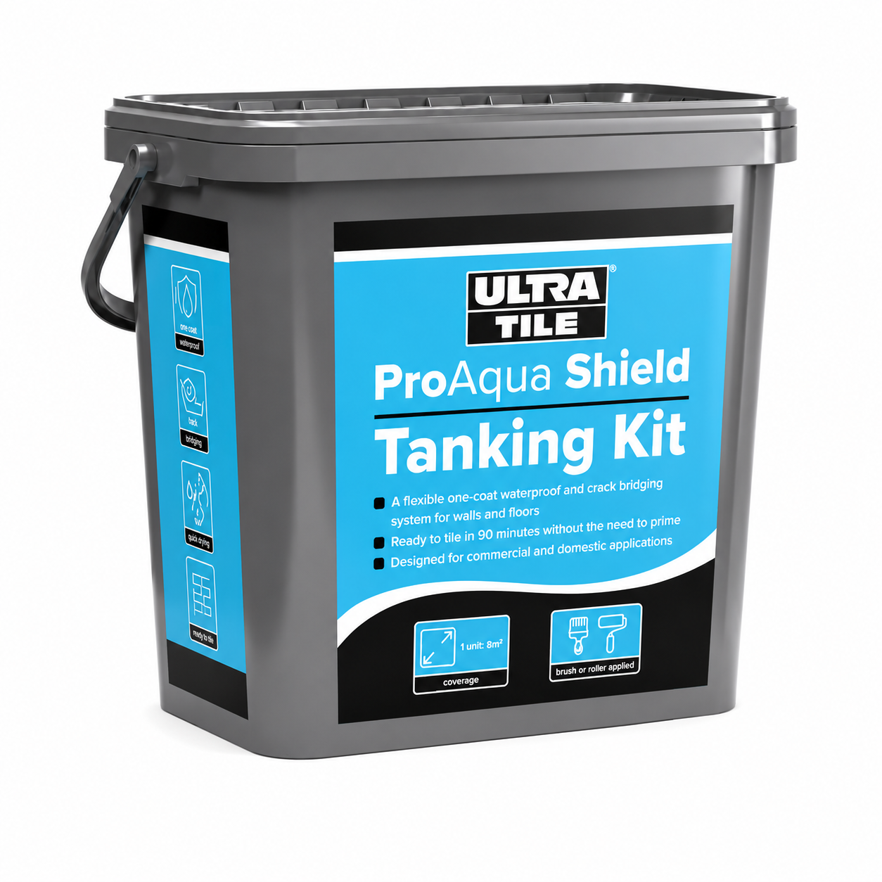 A gray plastic bucket of Ultra Tile ProAqua Shield Tanking Kit with a black handle and a blue and black product label, shown on a plain white background.