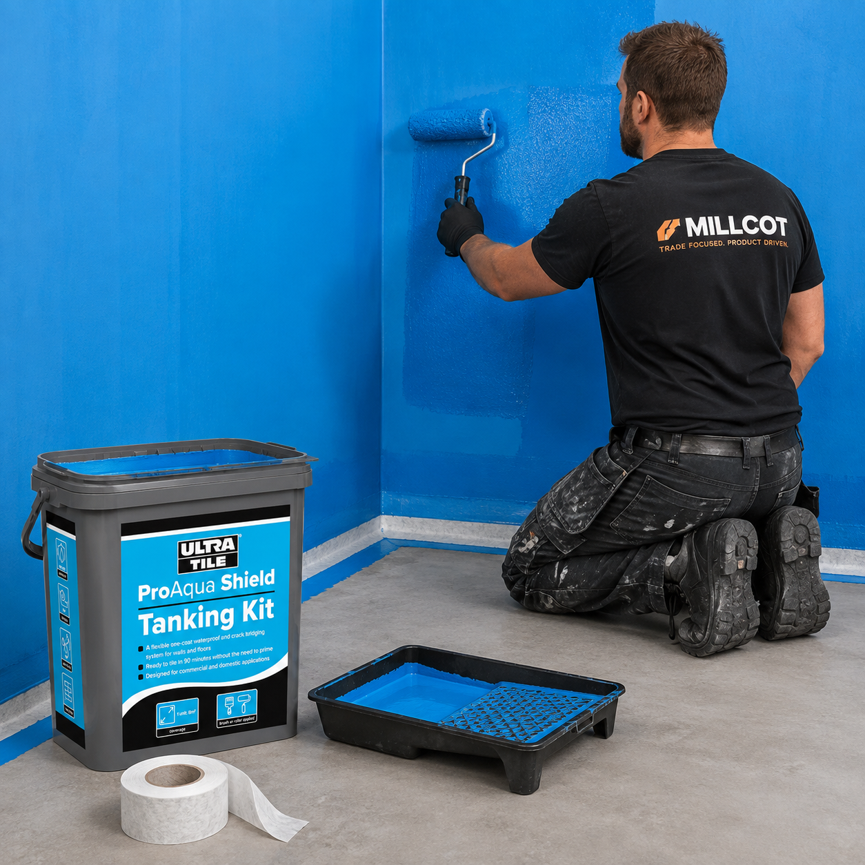 A man wearing a black Millcot work shirt and knee pads is painting a blue wall corner using a paint roller. In the foreground, a bucket of Ultra Tile ProAqua Shield Tanking Kit, a paint tray, and a roll of tape are visible on a gray floor.