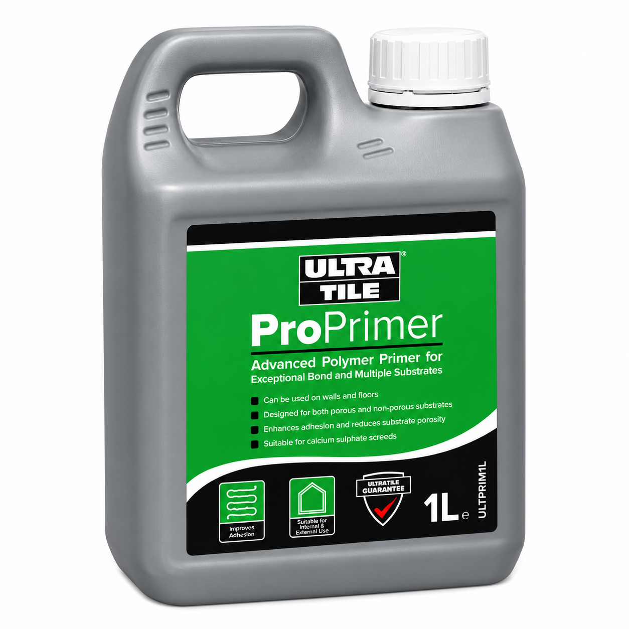 A 1-liter gray plastic bottle of Ultra Tile ProPrimer Advanced Polymer Primer with a green and black label, on a white background.