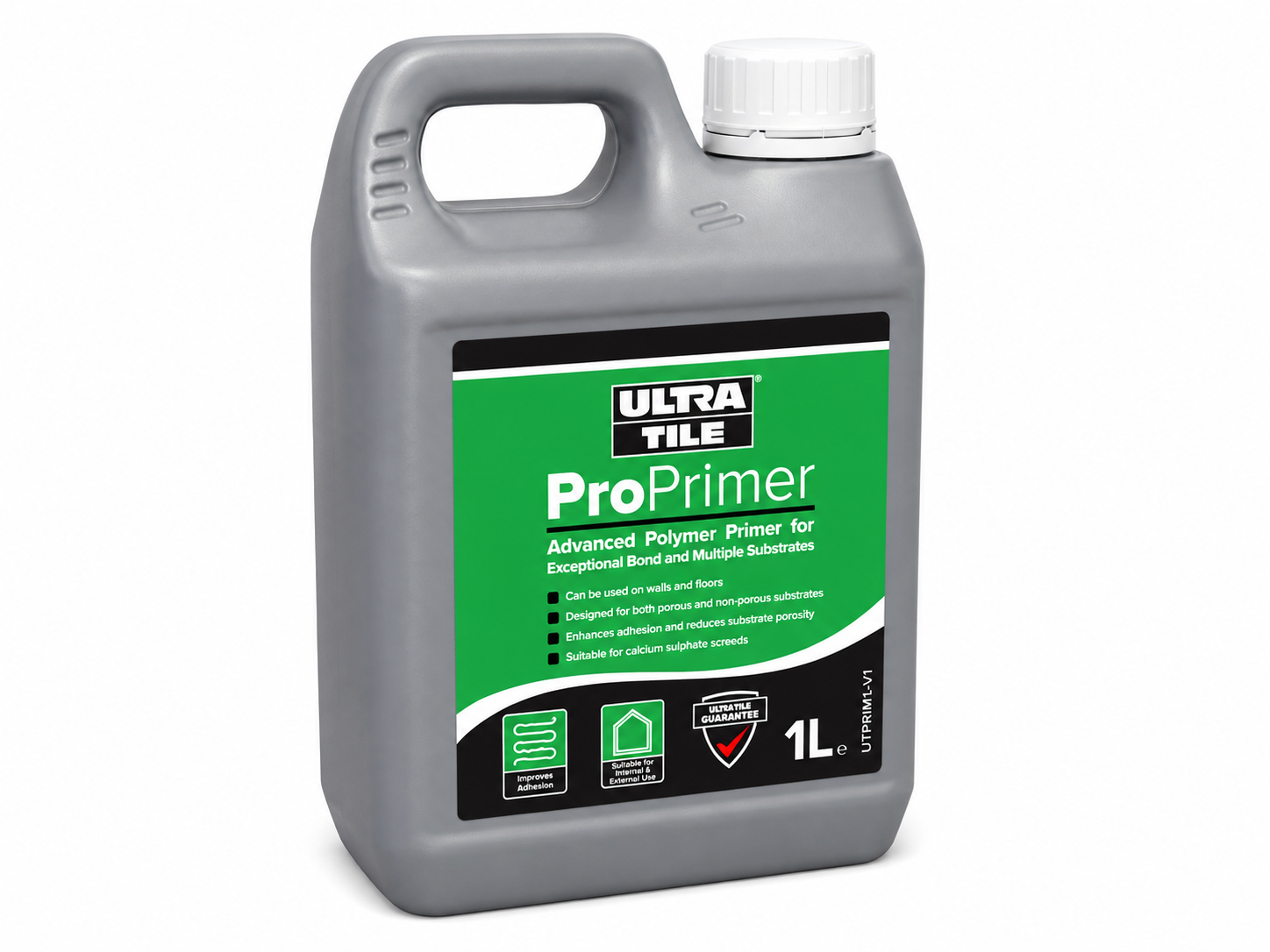 A 1-liter gray plastic bottle of Ultra Tile ProPrimer Advanced Polymer Primer with a green and black label and a white cap, shown on a white background.