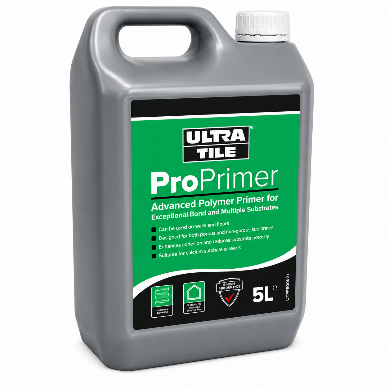 A 5-liter gray plastic bottle of Ultra Tile ProPrimer Advanced Polymer Primer with a green and black label, on a white background.