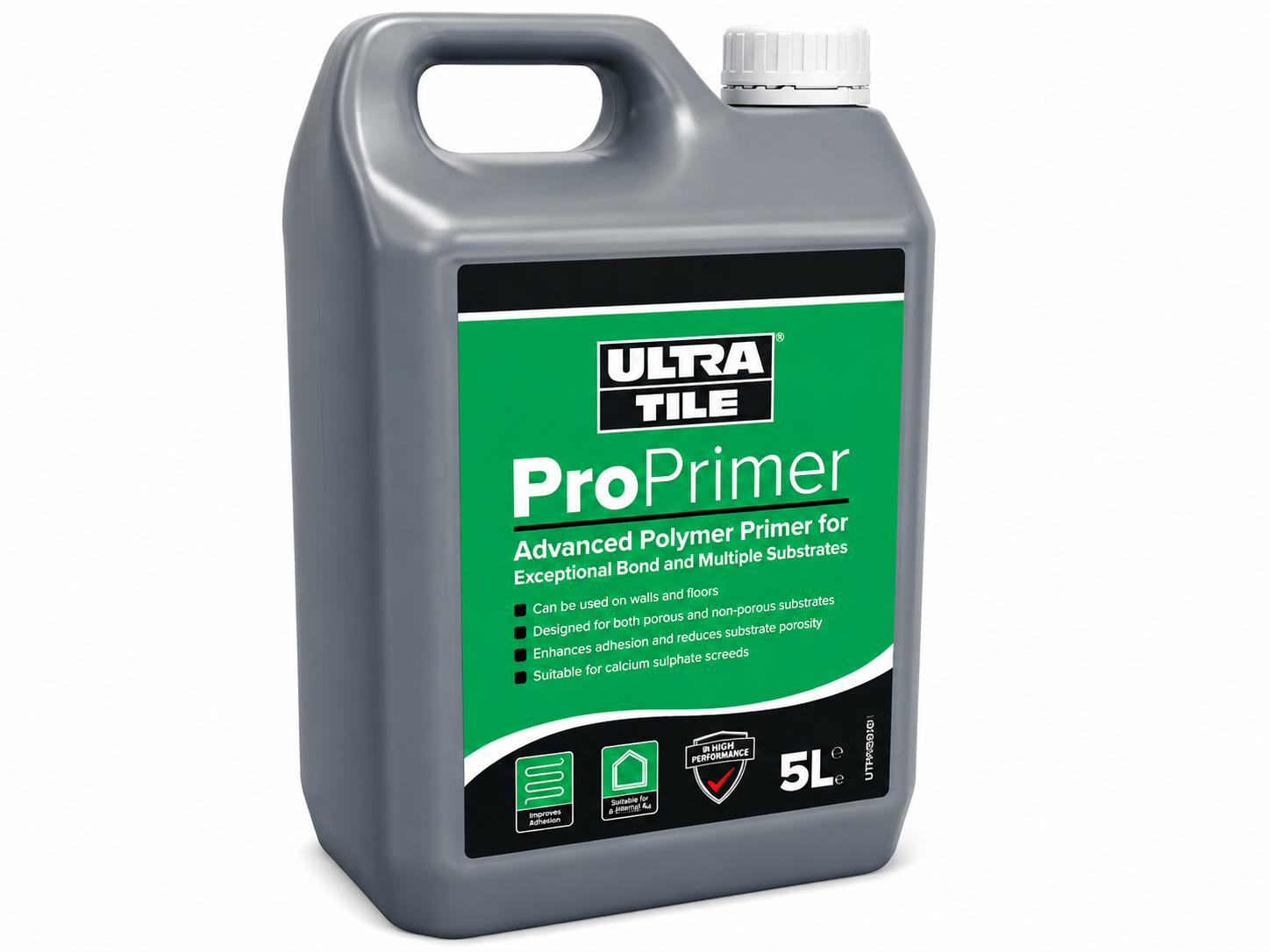 A 5-liter gray plastic bottle of Ultra Tile ProPrimer Advanced Polymer Primer with a green and black label, on a white background.