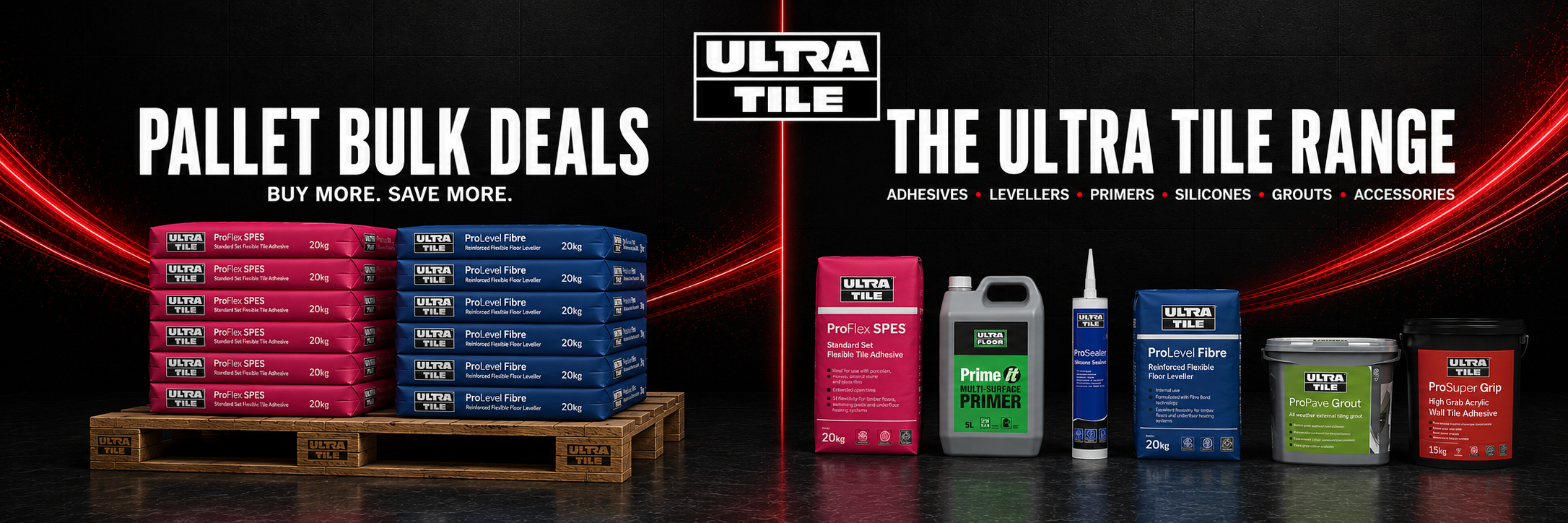 Promotional banner for Ultra Tile showing pallet bulk deals and the ultra tile range, with stacks of product boxes on a wooden pallet and several product containers on a dark background with red light streaks.