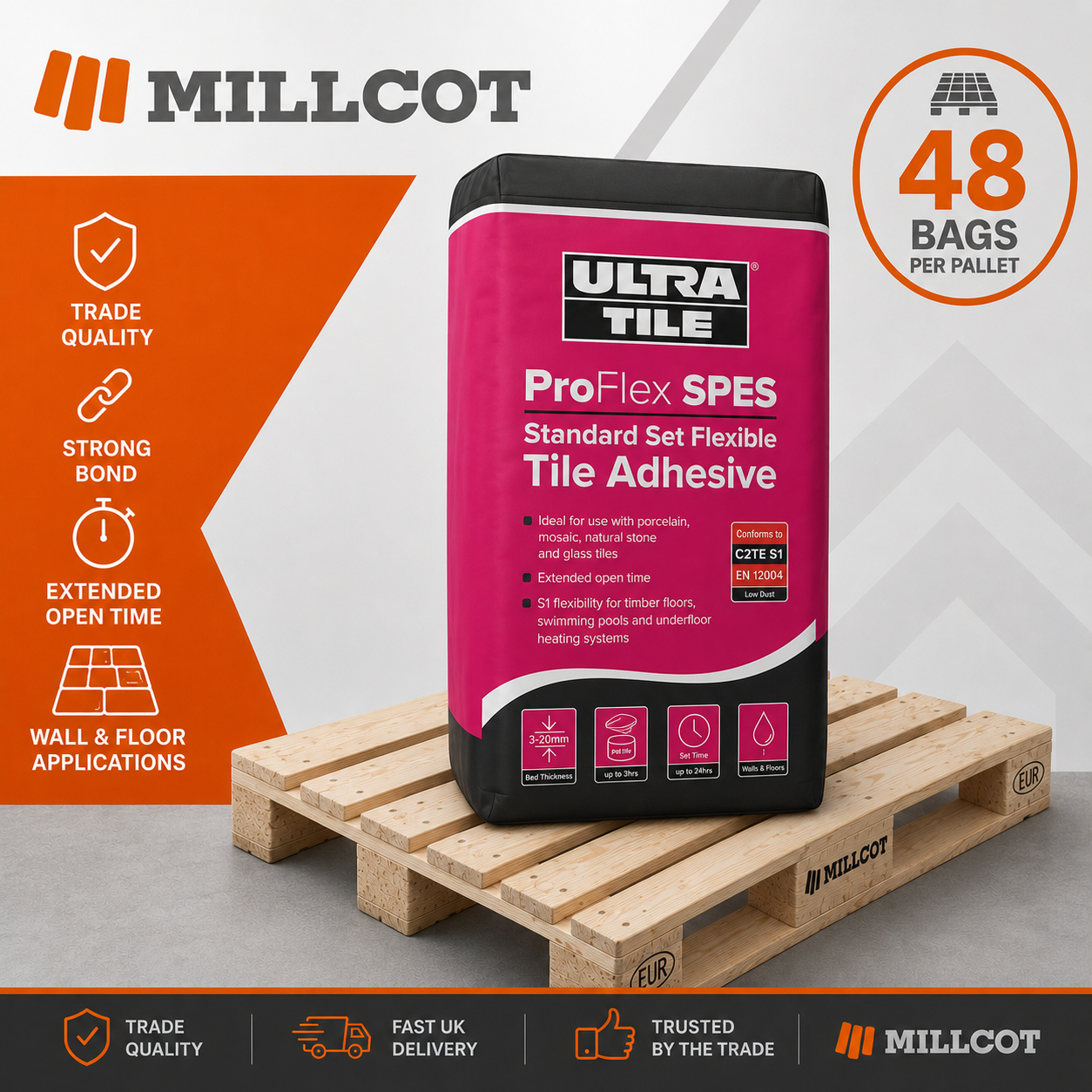 Pallet of 48 x 20kg bags of Ultra Tile Fix ProFlex SPES Standard Set Flexible S1 Tile Adhesive White