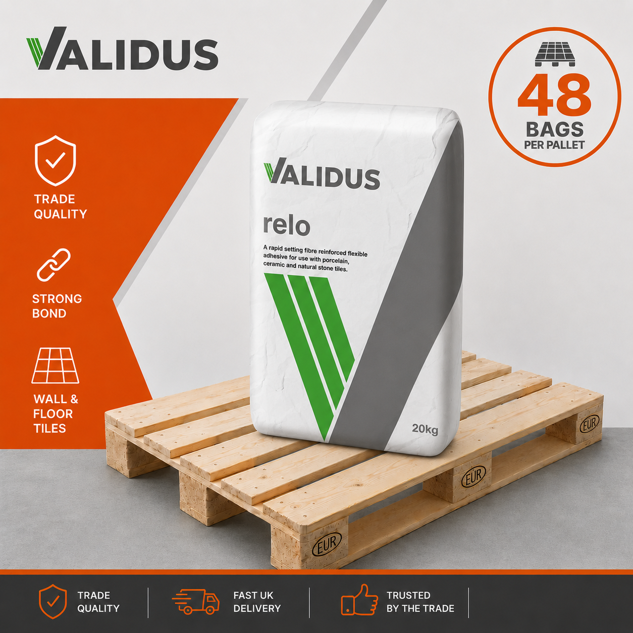 Validus Relo Rapid Set S1 Grey Tile Adhesive pallet of 48 x 20kg bags