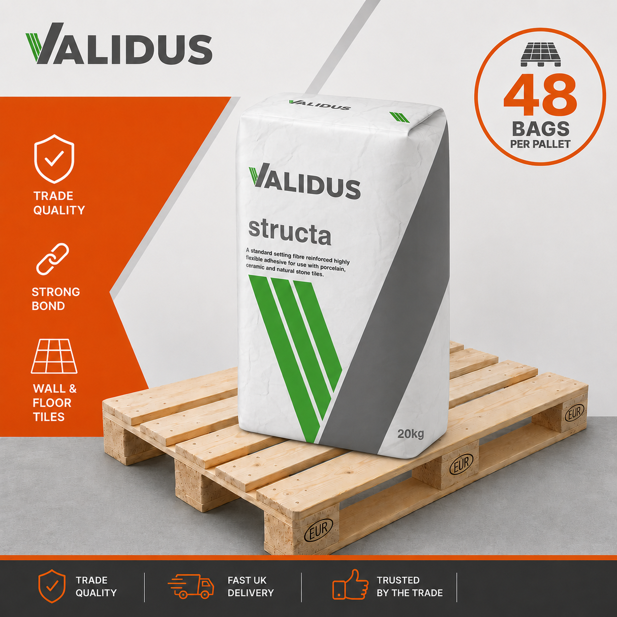 Validus Structa Standard Set S1 Grey Tile Adhesive pallet of 48 x 20kg bags