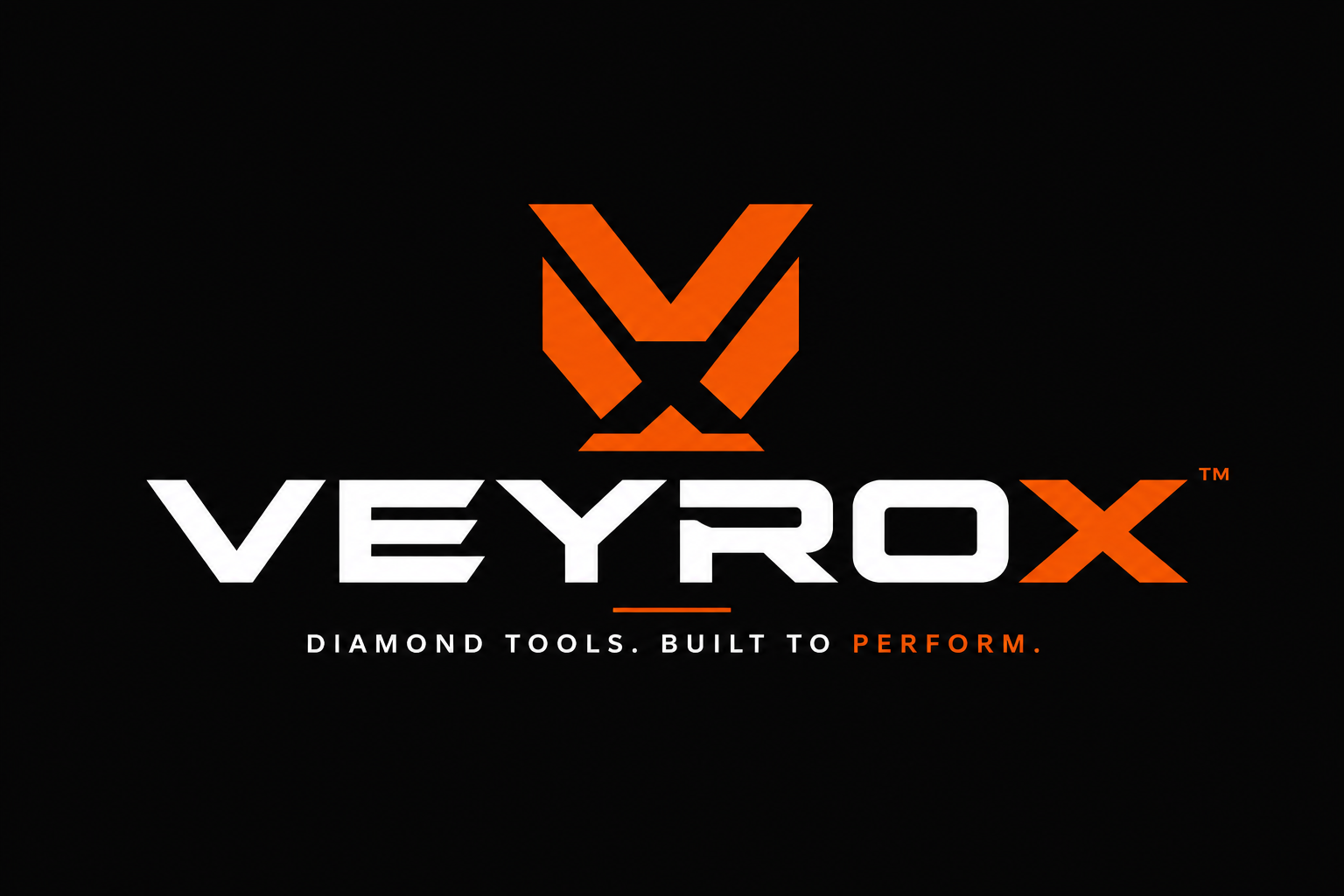 Veyrox brand logo on a black background, with an orange stylized V above the wordmark in white and orange, and the tagline 'DIAMOND TOOLS. BUILT TO PERFORM.