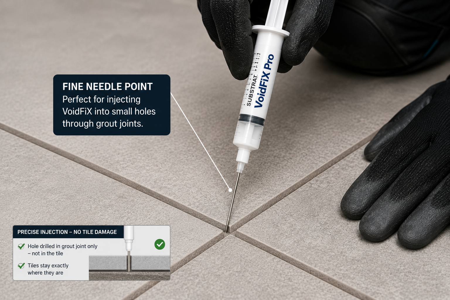 A gloved hand holds a syringe of VoidFix Pro filler over tile grout lines, with text callouts explaining precise injection into small holes through grout joints.