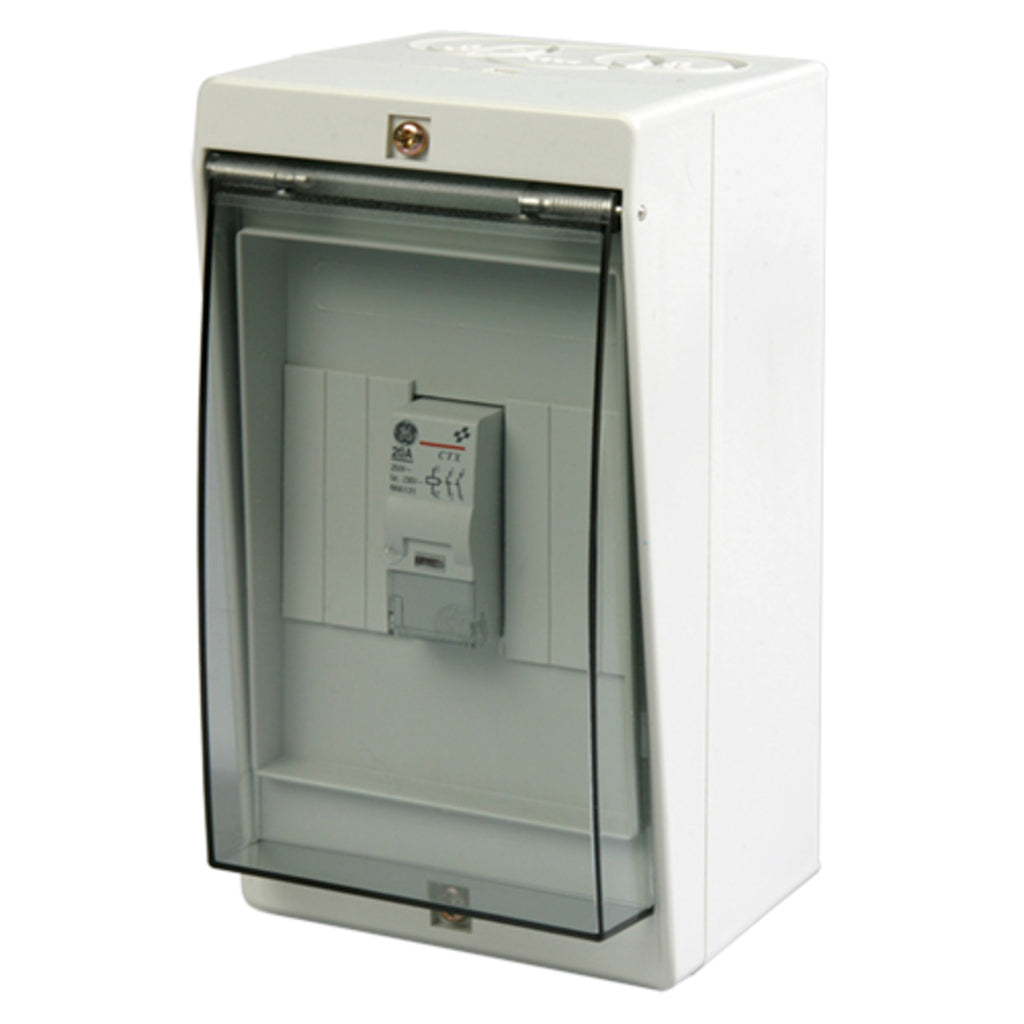 A white electrical distribution cabinet with a transparent hinged front door, showing an internal circuit snubber, photographed on a solid white background.