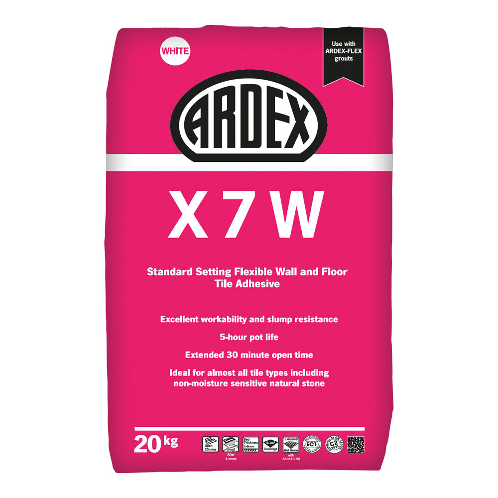 20kg bag of Ardex X7 Tile Adhesive — main packshot of the C2TE standard-set flexible cement-based tile adhesive.