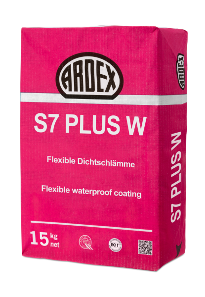 Ardex S7 Plus flexible two-component cement-based waterproof tanking coating — front-face product packshot for waterproofing walls and floors in wet rooms, showers and bathrooms before tiling.