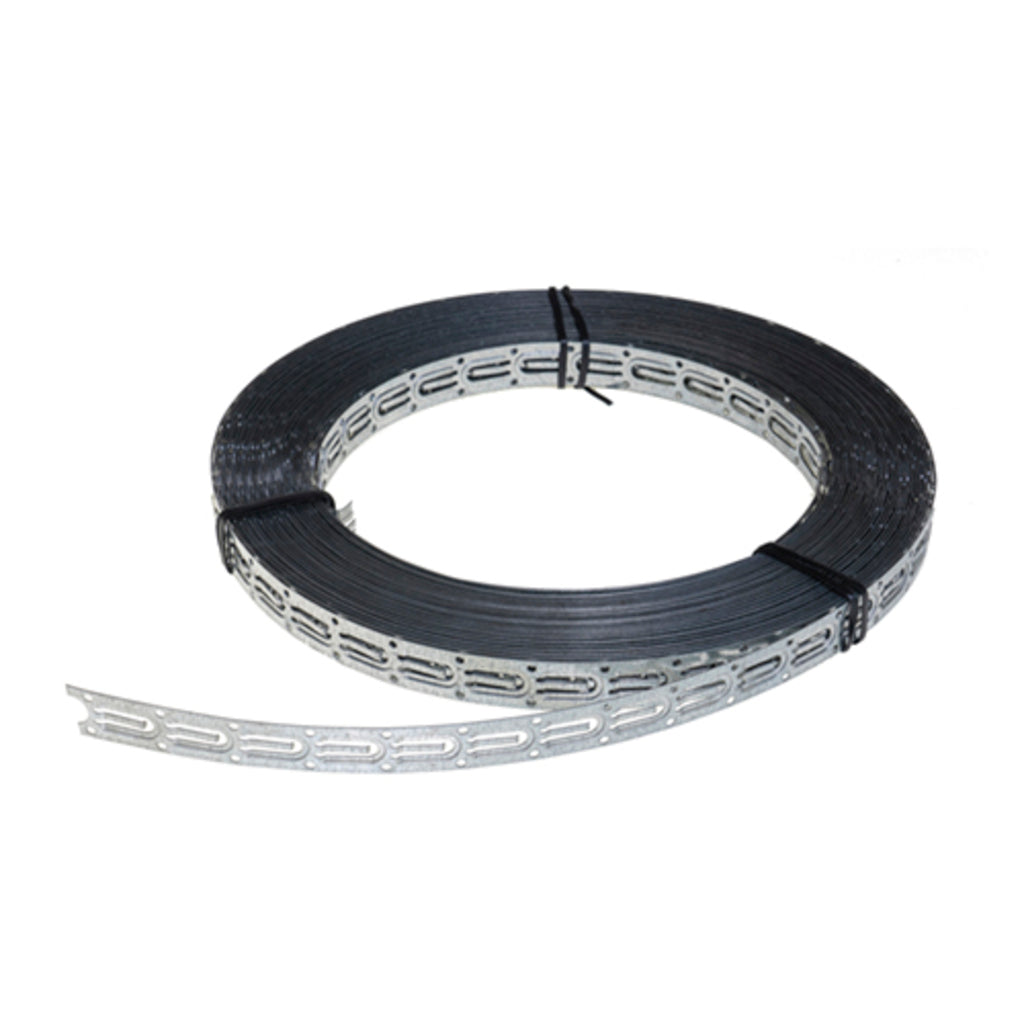 A coiled roll of silver metal ThermoSphere Screed Cable Fixing Profile, secured with black zip ties, on a plain white background.