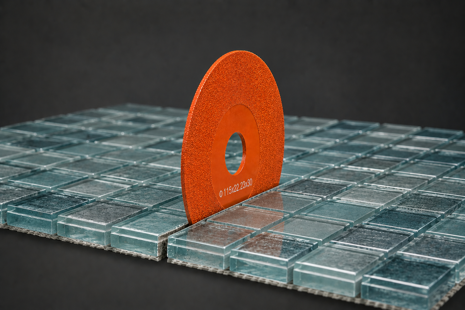 MILLCOT 115mm diamond cutting disc slicing cleanly through a thick toughened glass panel with a chip-free edge