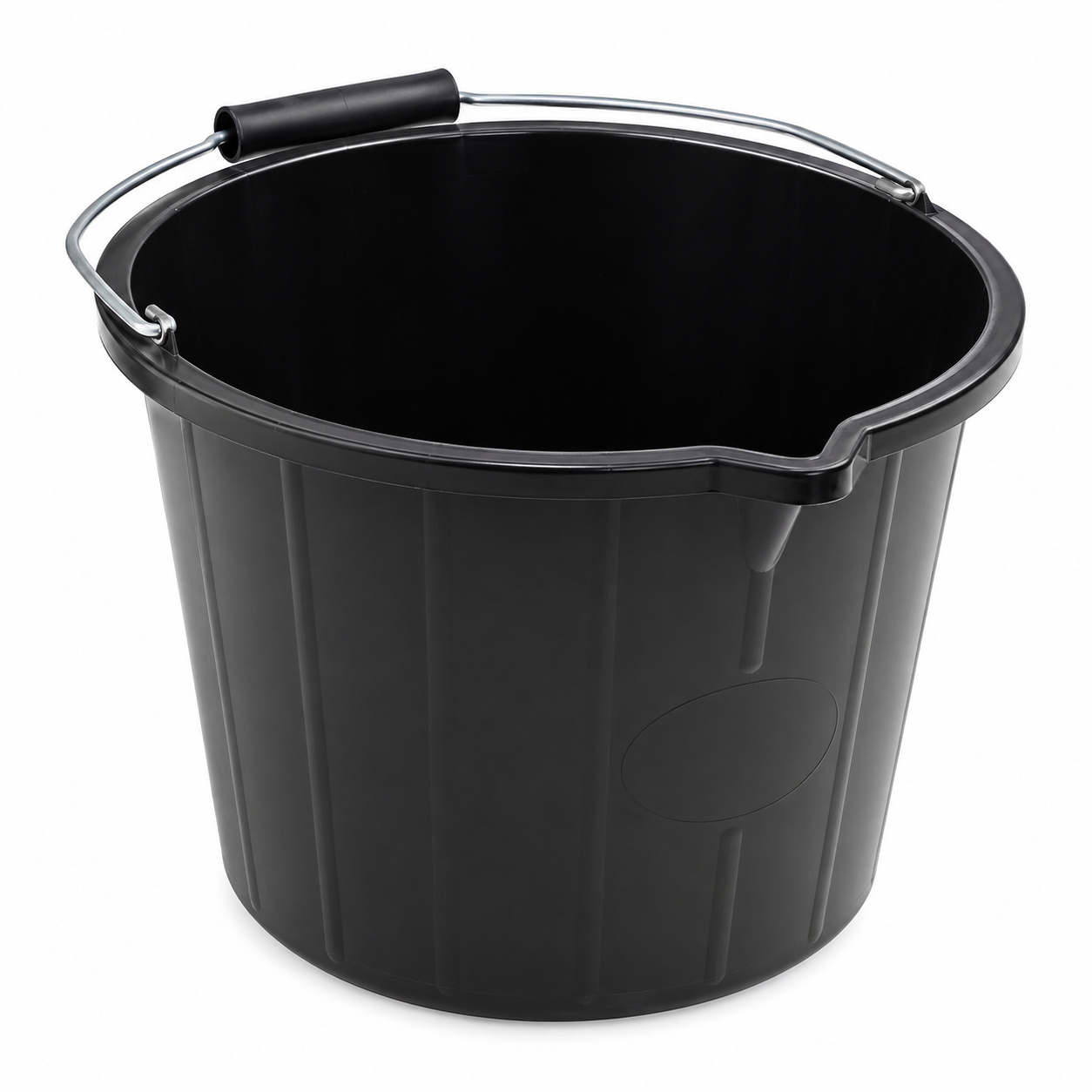 Millcot 3 gallon black builders bucket with metal carry handle and pouring lip on a white background