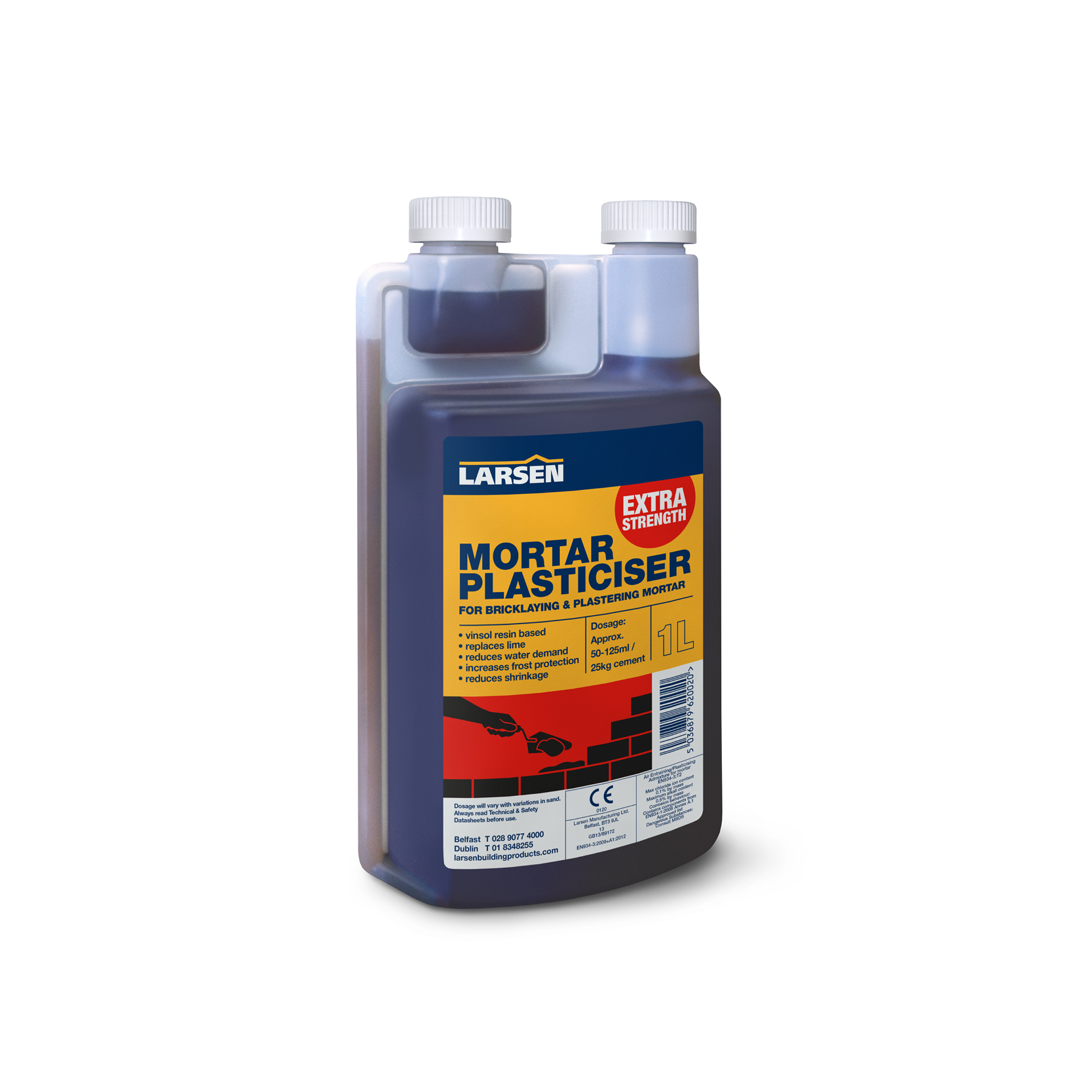 Tub of Larsen Concentrated Mortar Plasticiser — main packshot of the high-strength liquid plasticiser and air-entrainer for mortar and render.
