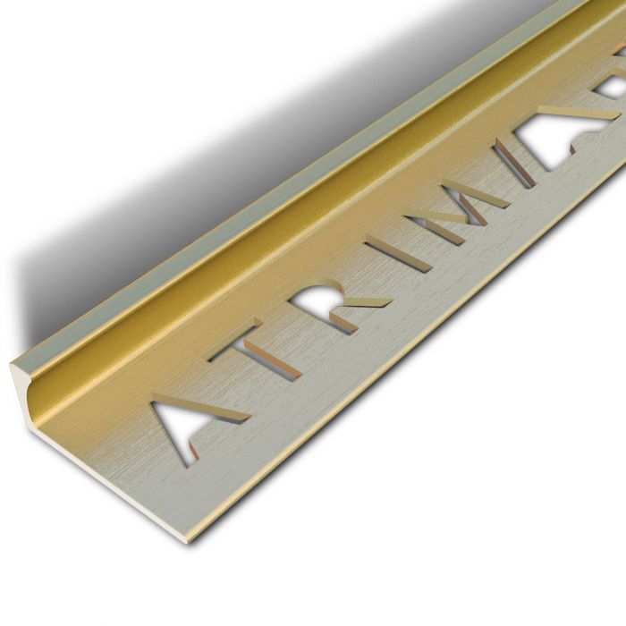 A-Trim Square Edge tile trim in brushed brass finish — front view showing the squared profile in the brass colourway.