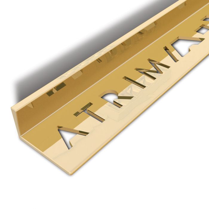 A-Trim Square Edge tile trim in brushed brass finish — angled view showing the brushed metallic appearance of the brass colourway.