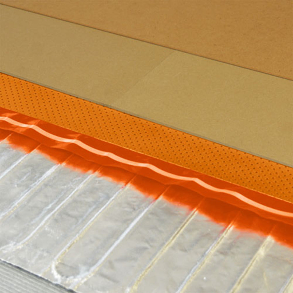 Cutout showing ThermoSphere Heating Foil HDF Overlay Board, Thermosphere foil overlay in the middle and Thermosphere foil underfloor heating at the bottom.  Very bottom left corner is the grey underlay.