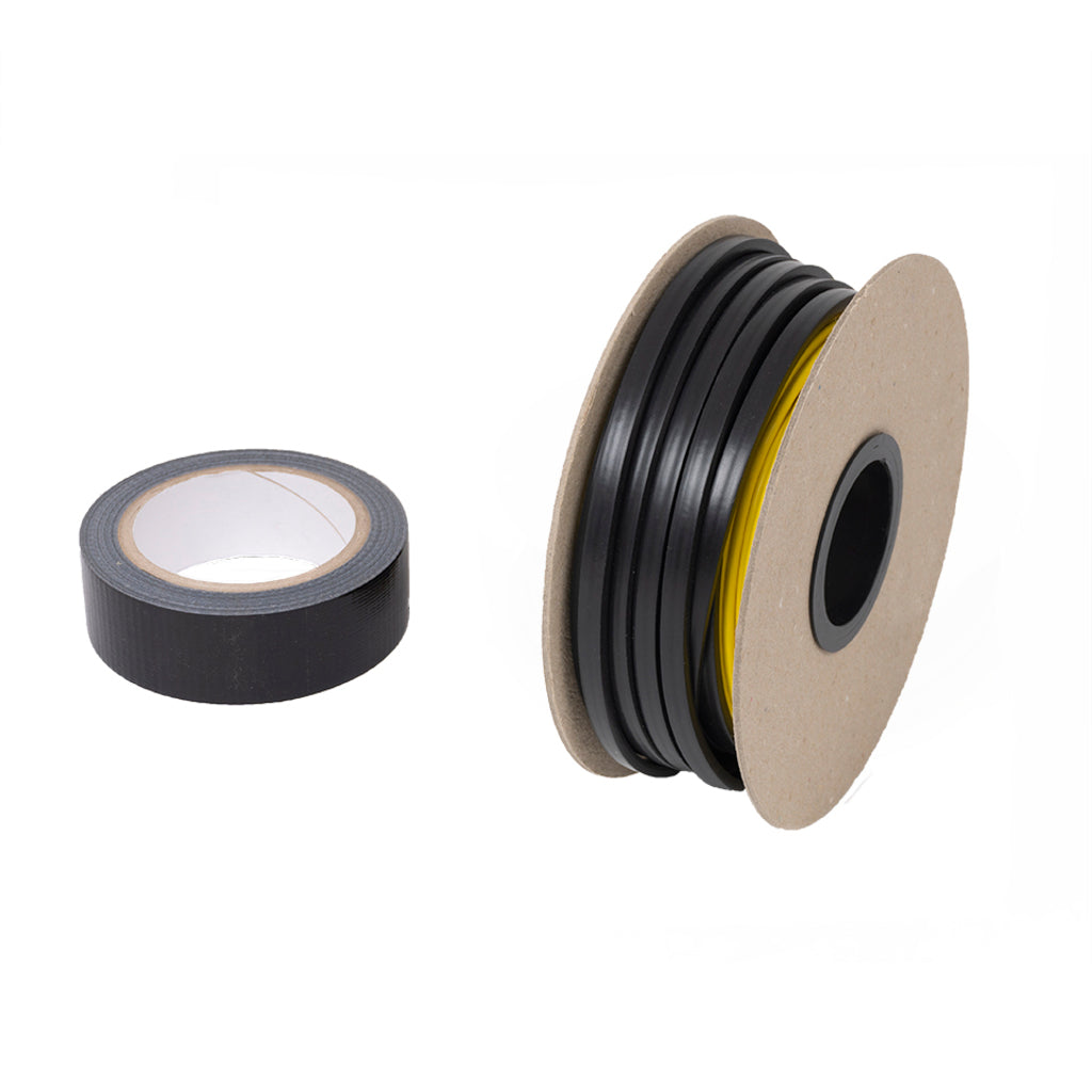 Black electrical tape shown as a single roll on the left and ThermoSphere Heating Cable wound on a cardboard spool on the right, photographed on a clean white background.