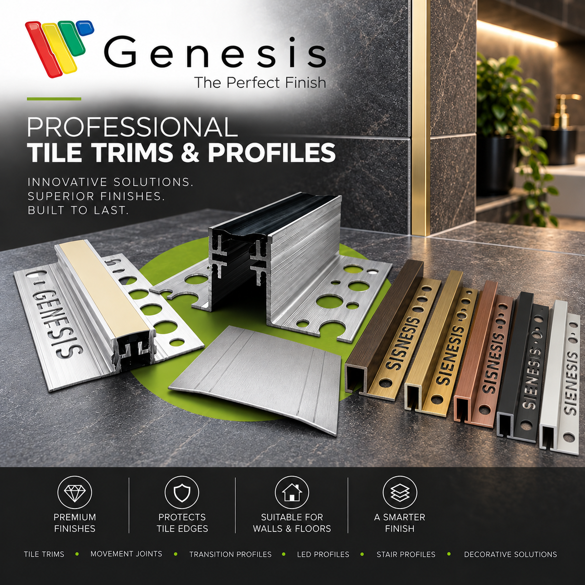 Genesis professional tile trims and profiles available from MILLCOT