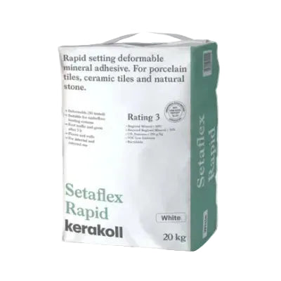 20kg sack of Kerakoll Setaflex Rapid Set S1 white tile adhesive — front-face packshot showing Kerakoll branding and the white colour indicator.