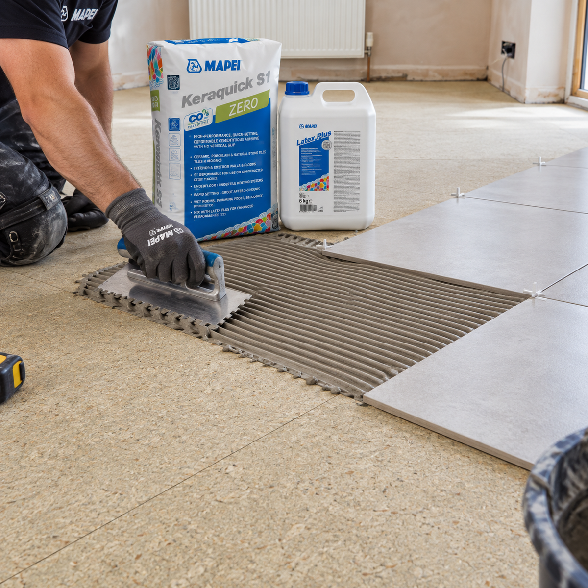 Mapei Keraquick S1 Zero and Latex Plus used to tile over P5 flooring-grade chipboard