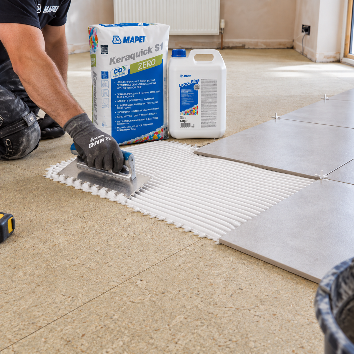 Mapei Keraquick S1 Zero and Latex Plus used to tile over P5 flooring-grade chipboard