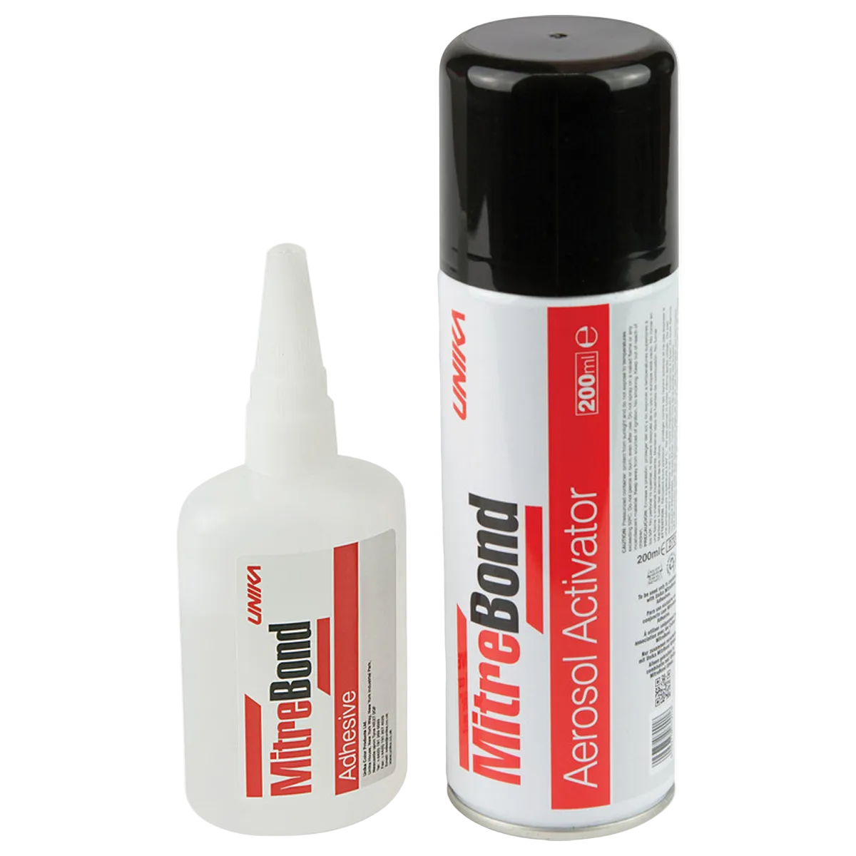 Unika Mitre Bond — main packshot of the two-part cyanoacrylate adhesive set used for tile-trim mitres and on-site bonding.