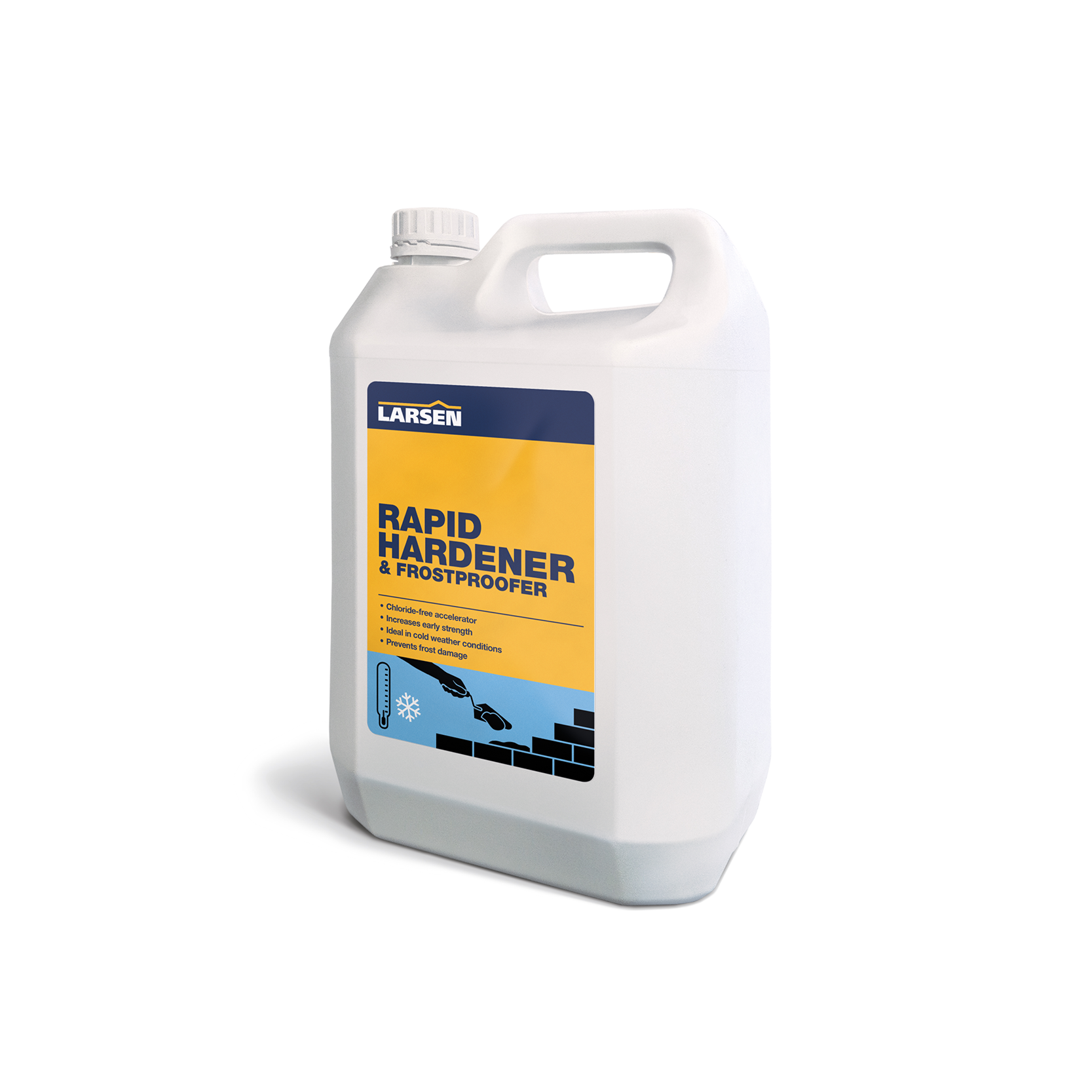 5 litre tub of Larsen Frostproofer & Rapid Hardener — main packshot of the calcium-chloride-free mortar admixture for cold-weather concreting and rendering.