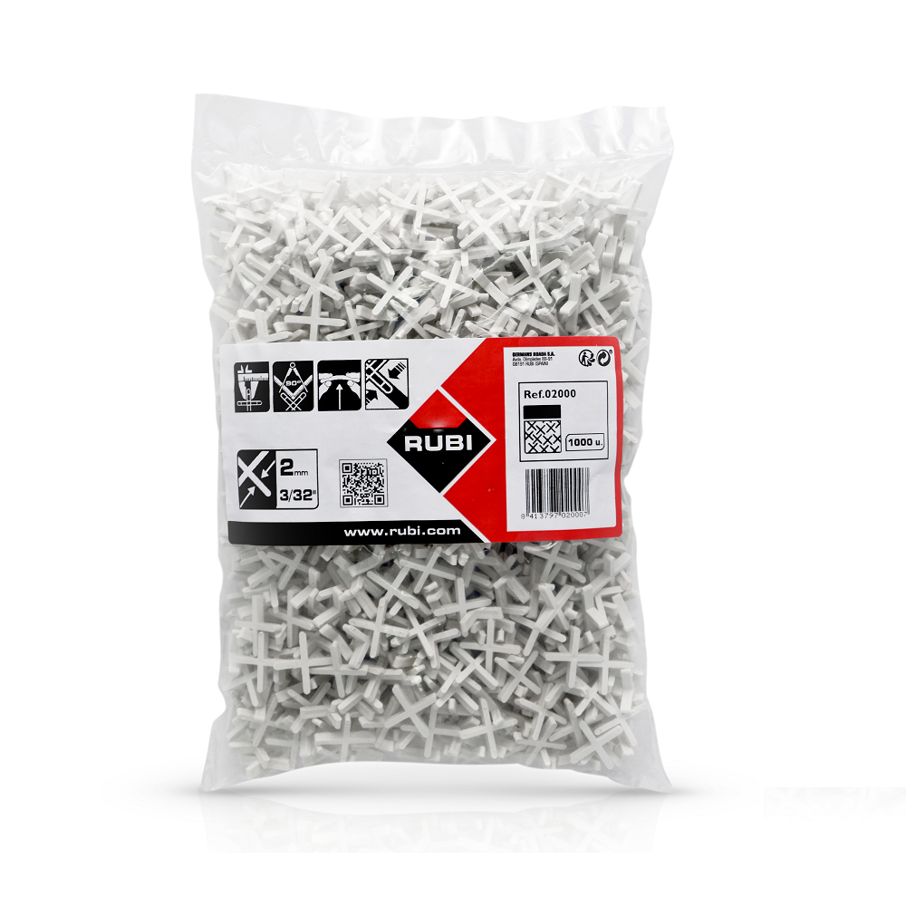 A clear plastic bag of RUBI white plastic tile spacers.