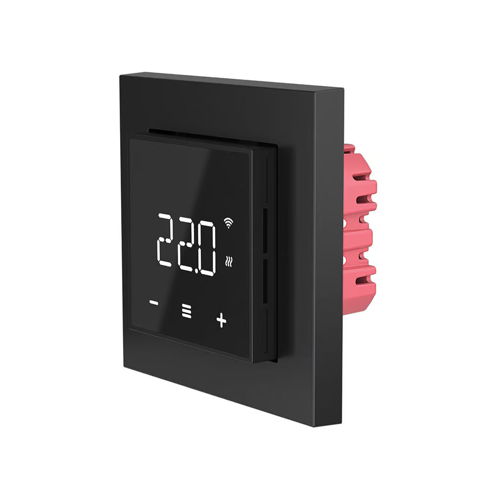 ThermoSphere T-MO smart thermostat — main packshot of the underfloor heating control unit on its wall plate.